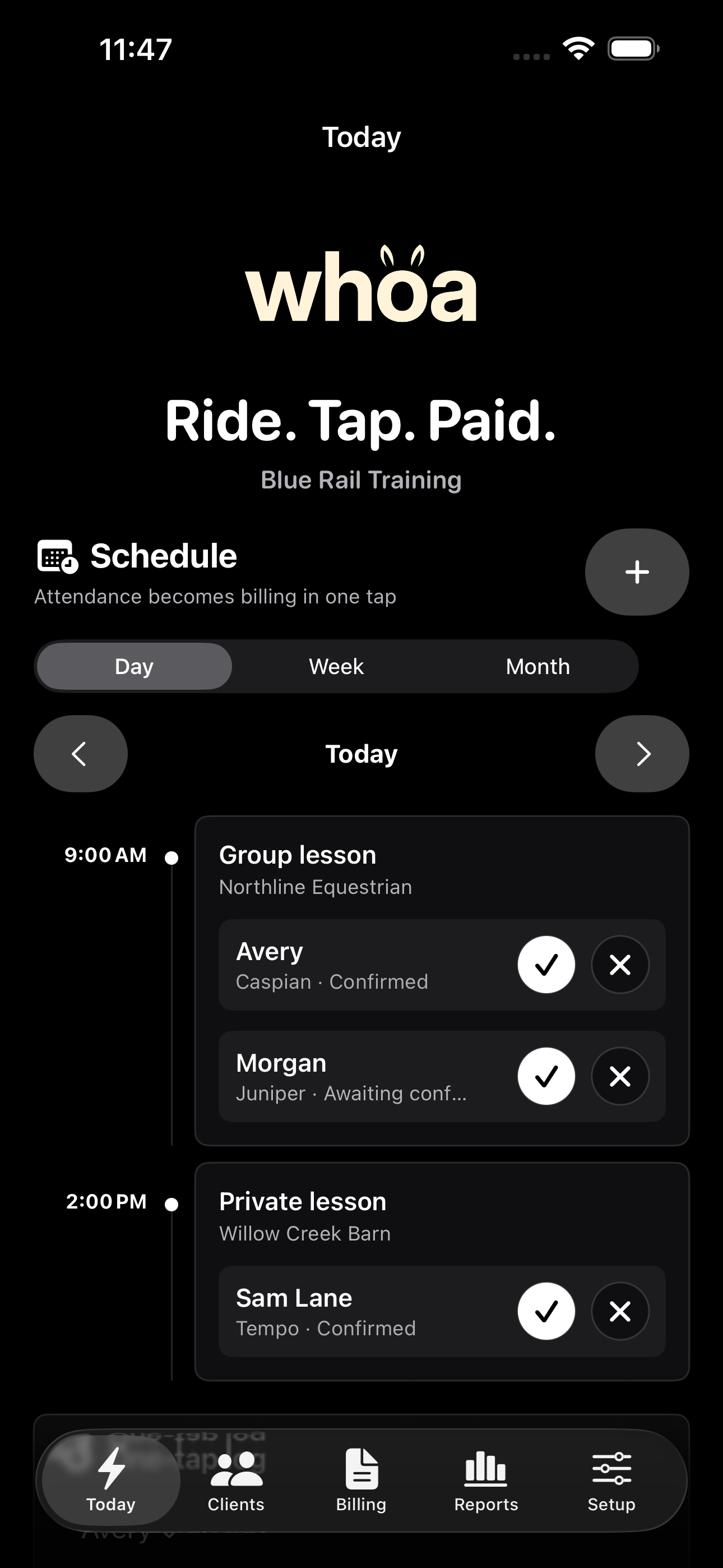 Whoa day schedule with lesson attendance controls
